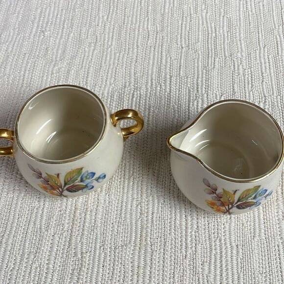 Cream and Sugar Porcelain Set with Gold Leaf Trim and Floral Design - Picture 7 of 7